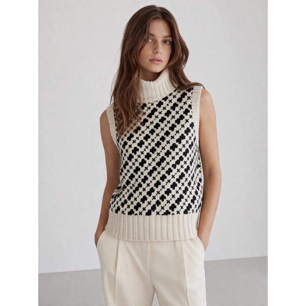 ME+EM Wool Knit Sweater Vest Removable Turtleneck Neutral Snood Small Cream